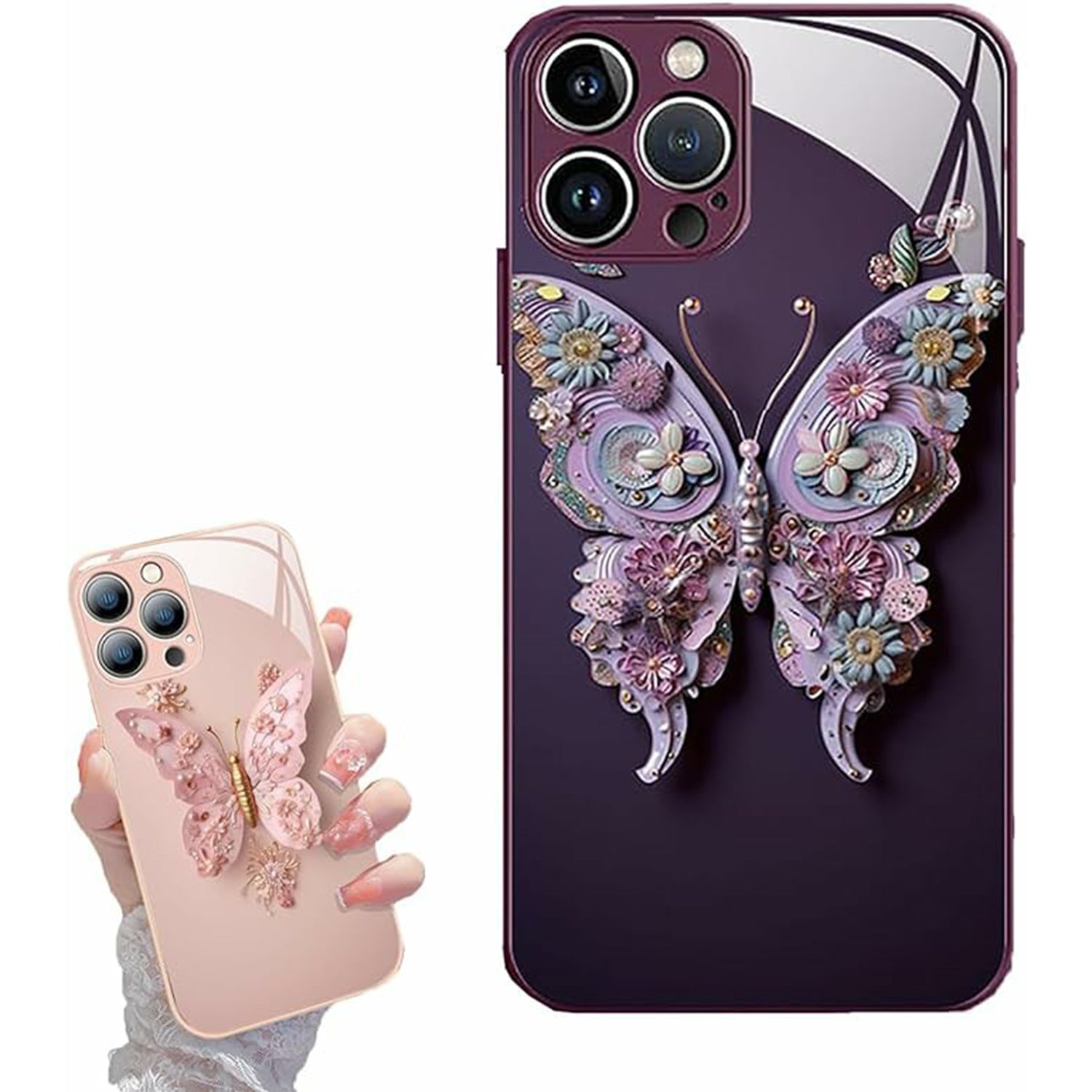 Flat 3D Butterfly Pattern Glass Cover for iPhone Floral Butterfly Pattern Case for iPhone 12 13 14 15 Girly Phone Cases Protective Cover