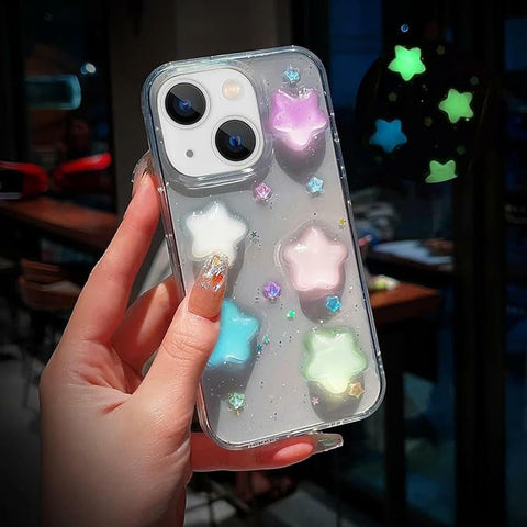 For Iphone Case Cover Y2K Luminous 3D Stars Case Cute Kawaii Glowing In Dark Star Transparent Protective Shockproof Back Cover For Iphone 11 12 13 14 15