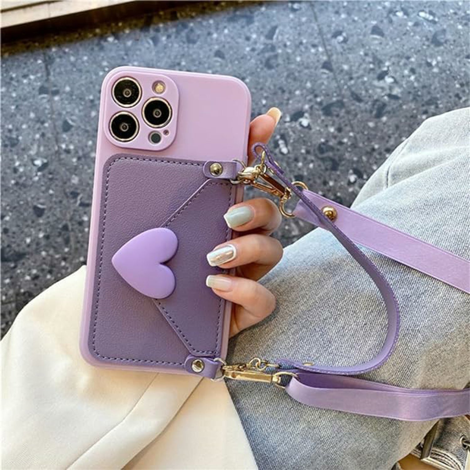 Crossbody Lanyard Necklace Strap Card Holder Purple Case for iPhone 11 12 13 14 15 Coin Purse Cover Case