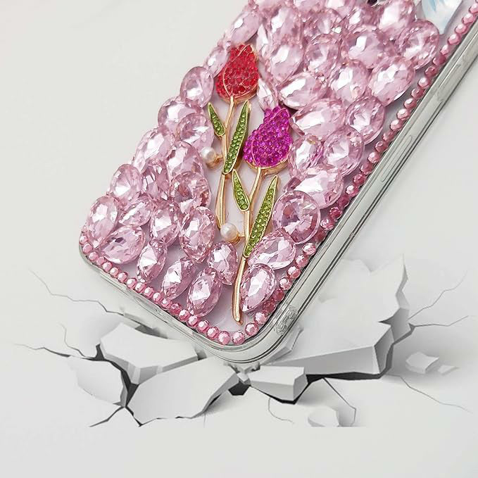 Compatible With Iphone Girl Glitter Diamond Case Luxury Bling Butterfly Rose Sparkly Rhinestone Pearl Crystal Bumper Soft Silicone Rubber Protective Cover Case