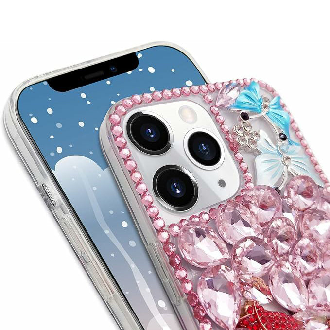 Compatible With Iphone Girl Glitter Diamond Case Luxury Bling Butterfly Rose Sparkly Rhinestone Pearl Crystal Bumper Soft Silicone Rubber Protective Cover Case