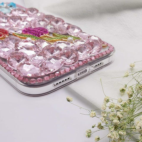 Compatible With Iphone Girl Glitter Diamond Case Luxury Bling Butterfly Rose Sparkly Rhinestone Pearl Crystal Bumper Soft Silicone Rubber Protective Cover Case