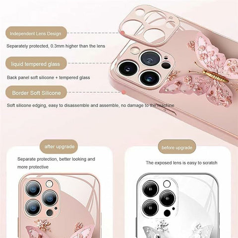 Flat 3D Butterfly Pattern Glass Cover for iPhone Floral Butterfly Pattern Case for iPhone 12 13 14 15 Girly Phone Cases Protective Cover