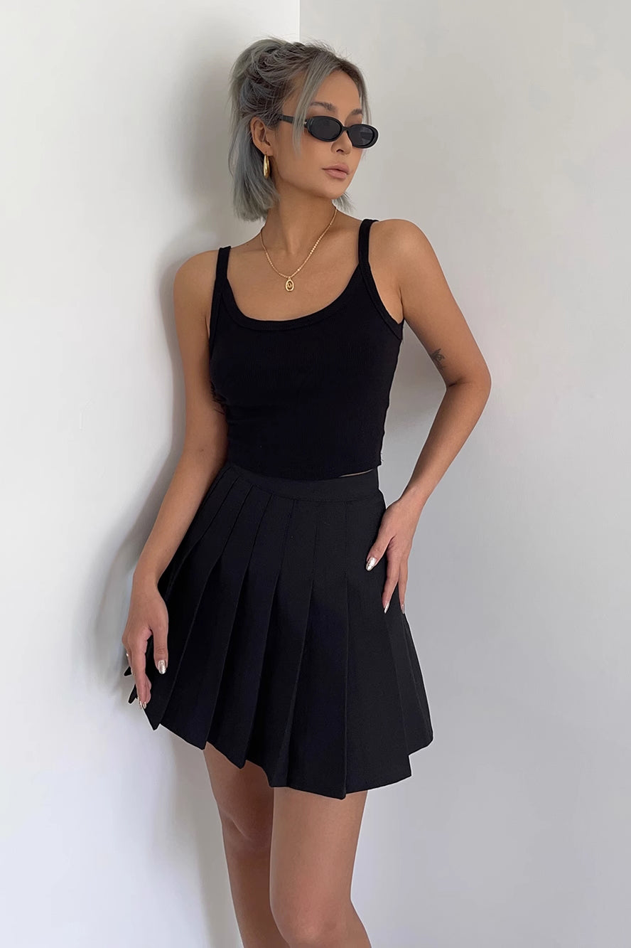 Solid A-Line Pleated Flared Hem Skirt