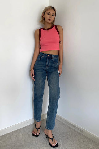 High Waist Slant Pocket Straight Leg Jeans