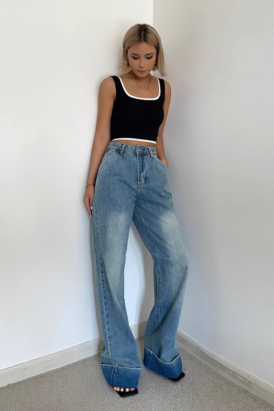 Buckle Detail Slant Pocket Wide Leg Jeans