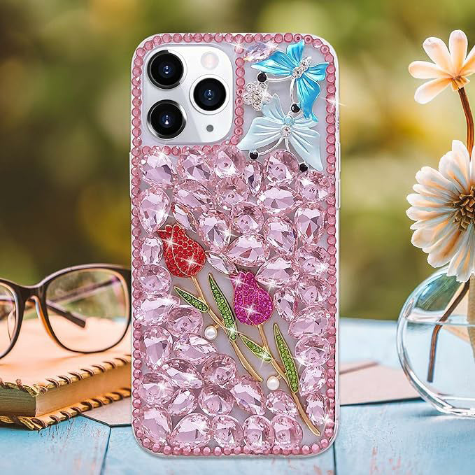 Compatible With Iphone Girl Glitter Diamond Case Luxury Bling Butterfly Rose Sparkly Rhinestone Pearl Crystal Bumper Soft Silicone Rubber Protective Cover Case