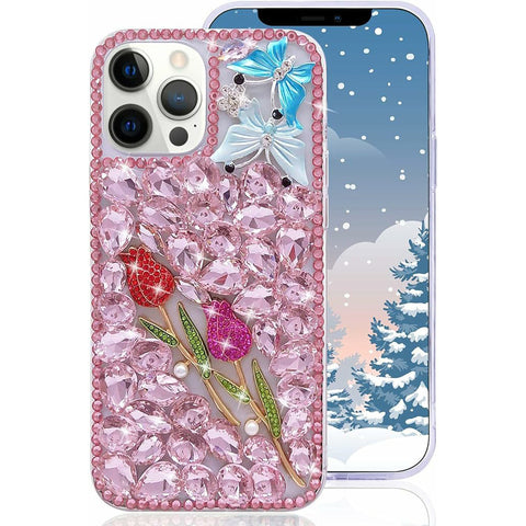 Compatible With Iphone Girl Glitter Diamond Case Luxury Bling Butterfly Rose Sparkly Rhinestone Pearl Crystal Bumper Soft Silicone Rubber Protective Cover Case