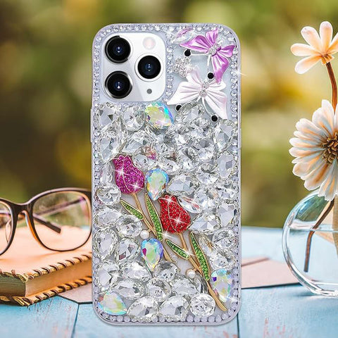 Compatible With Iphone Girl Glitter Diamond Case Luxury Bling Butterfly Rose Sparkly Rhinestone Pearl Crystal Bumper Soft Silicone Rubber Protective Cover Case