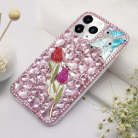 Compatible With Iphone Girl Glitter Diamond Case Luxury Bling Butterfly Rose Sparkly Rhinestone Pearl Crystal Bumper Soft Silicone Rubber Protective Cover Case