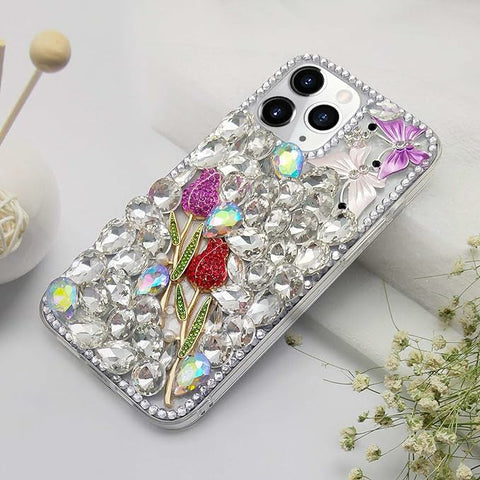 Compatible With Iphone Girl Glitter Diamond Case Luxury Bling Butterfly Rose Sparkly Rhinestone Pearl Crystal Bumper Soft Silicone Rubber Protective Cover Case