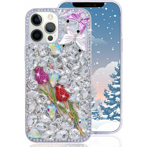 Compatible With Iphone Girl Glitter Diamond Case Luxury Bling Butterfly Rose Sparkly Rhinestone Pearl Crystal Bumper Soft Silicone Rubber Protective Cover Case