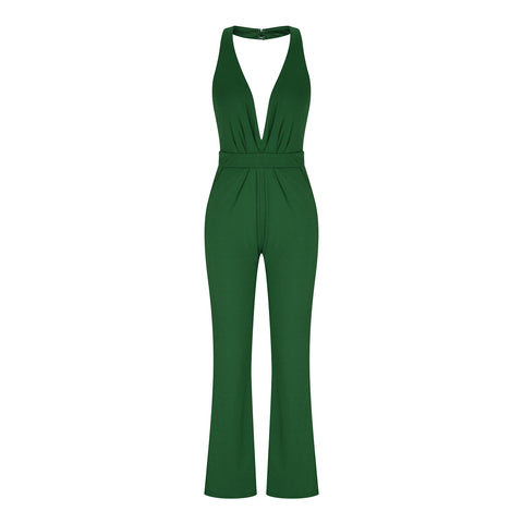 V-Neck Open Back Pocket Slim Jumpsuit