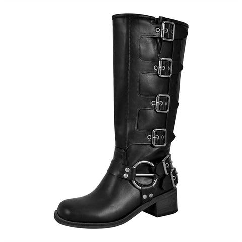 Metal Rivet Buckle Gothic Black Knee High Boots