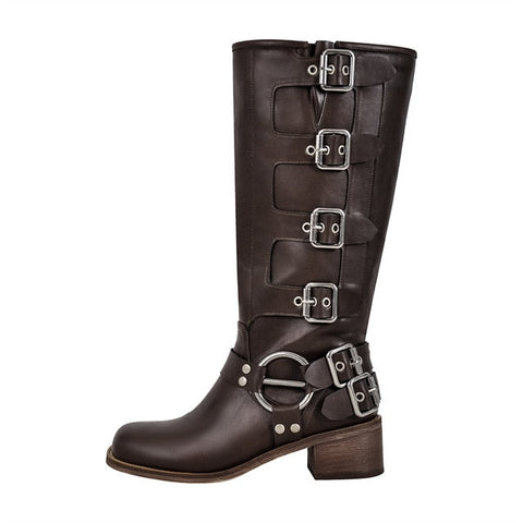 Metal Rivet Buckle Gothic Black Knee High Boots