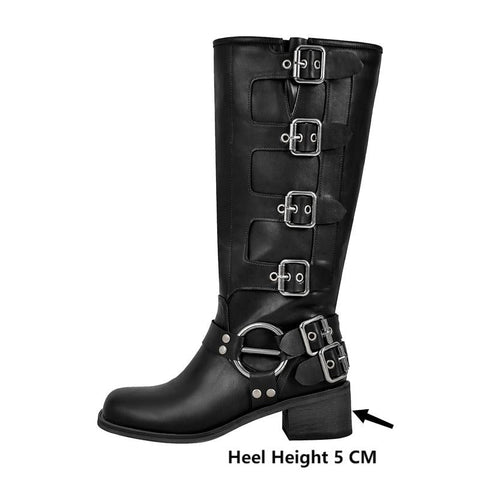 Metal Rivet Buckle Gothic Black Knee High Boots