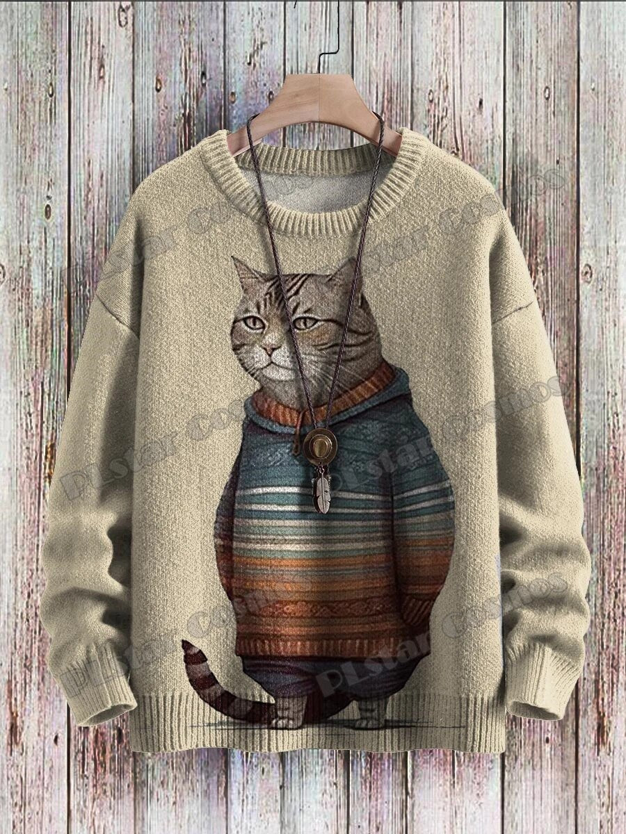 Abstract Art Cat Pattern Knit Pullover: 3D Printed Winter Sweater for Unisex Casual Style