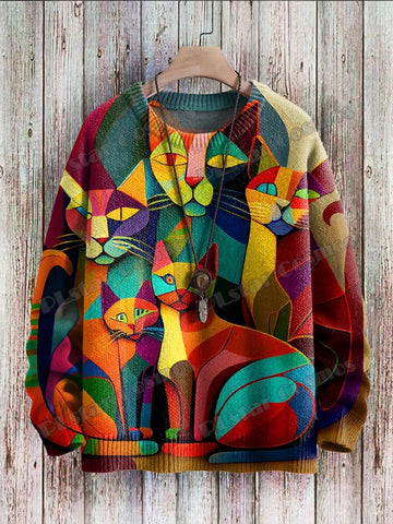 Abstract Art Cat Pattern Knit Pullover: 3D Printed Winter Sweater for Unisex Casual Style