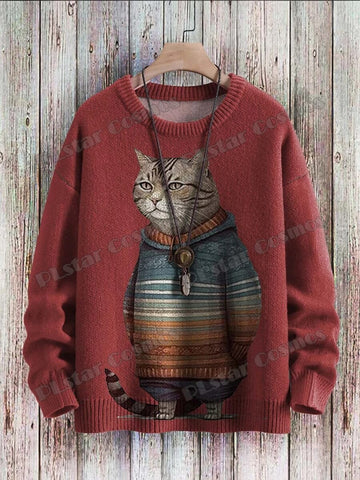 Strickpullover mit abstraktem Katzenmuster: 3D-gedruckter Winterpullover für den lässigen Unisex-Stil