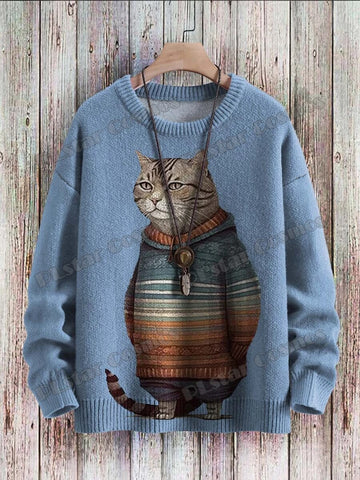 Abstract Art Cat Pattern Knit Pullover: 3D Printed Winter Sweater for Unisex Casual Style