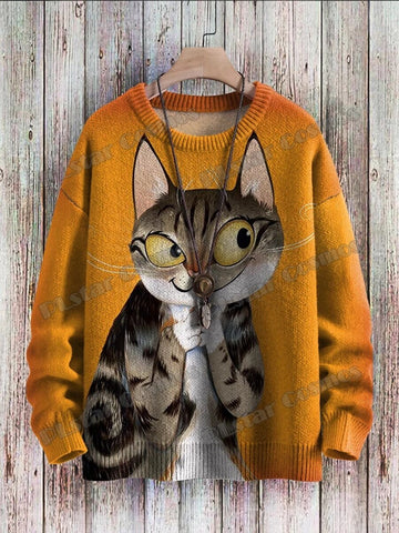 Strickpullover mit abstraktem Katzenmuster: 3D-gedruckter Winterpullover für den lässigen Unisex-Stil