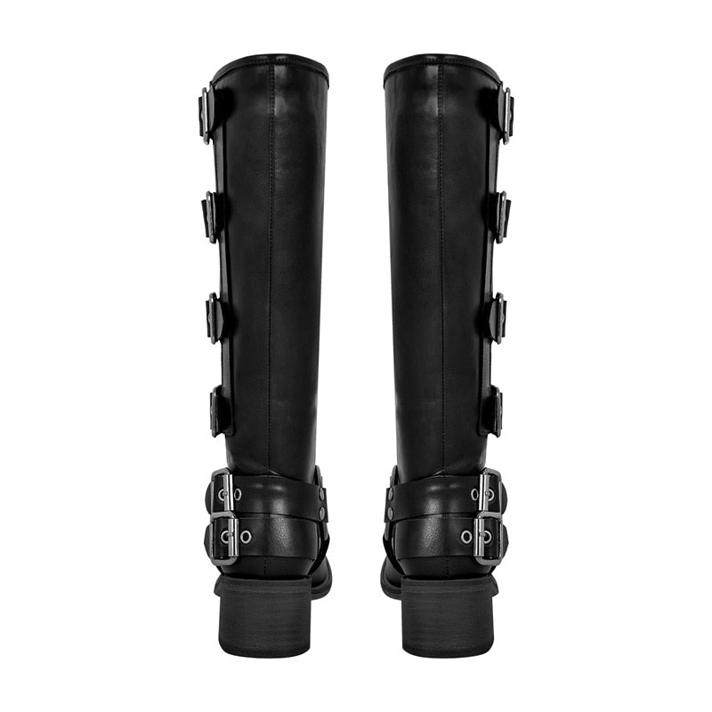 Metal Rivet Buckle Gothic Black Knee High Boots