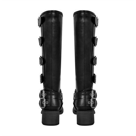 Metal Rivet Buckle Gothic Black Knee High Boots