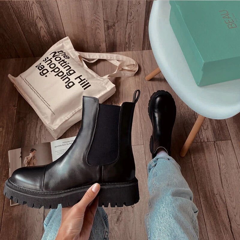 Cow Leather Round Toe Thick Sole Ankle Chelsea Boots