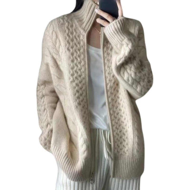 High Necked Thick Cashmere Knitted Cardigan