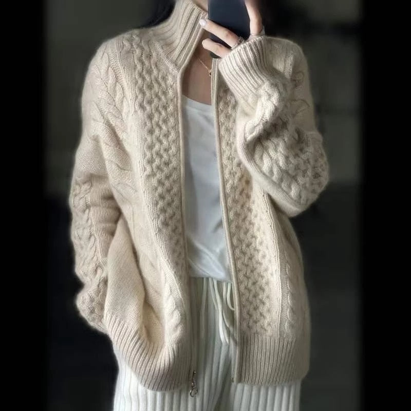 High Necked Thick Cashmere Knitted Cardigan