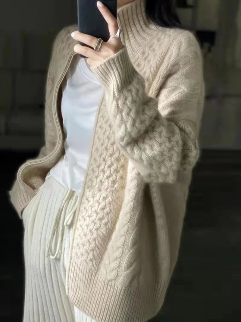 High Necked Thick Cashmere Knitted Cardigan