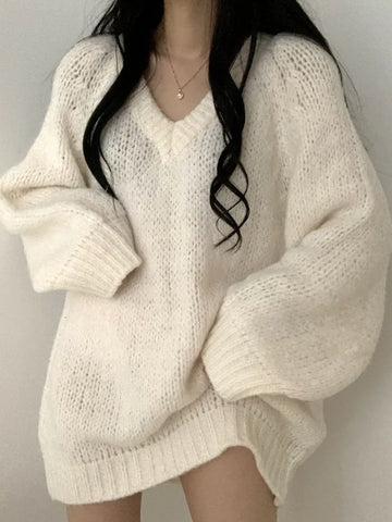 V-Neck Grey Knitted Loose Sweaters