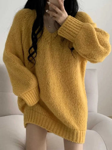 Graue, lockere Strickpullover mit V-Ausschnitt