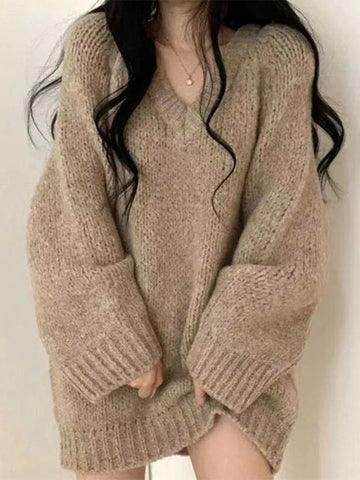 V-Neck Grey Knitted Loose Sweaters