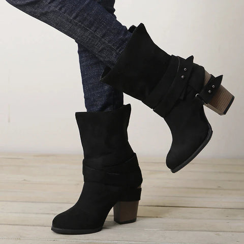 Double Buckle Suede Leather Snow Boots