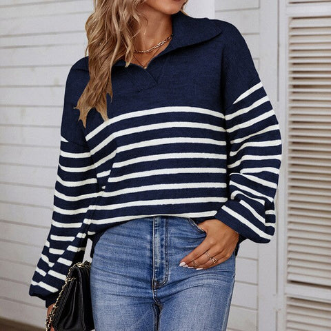 Zipper V-Neck Striped Pattern Autumn Winter Sweater