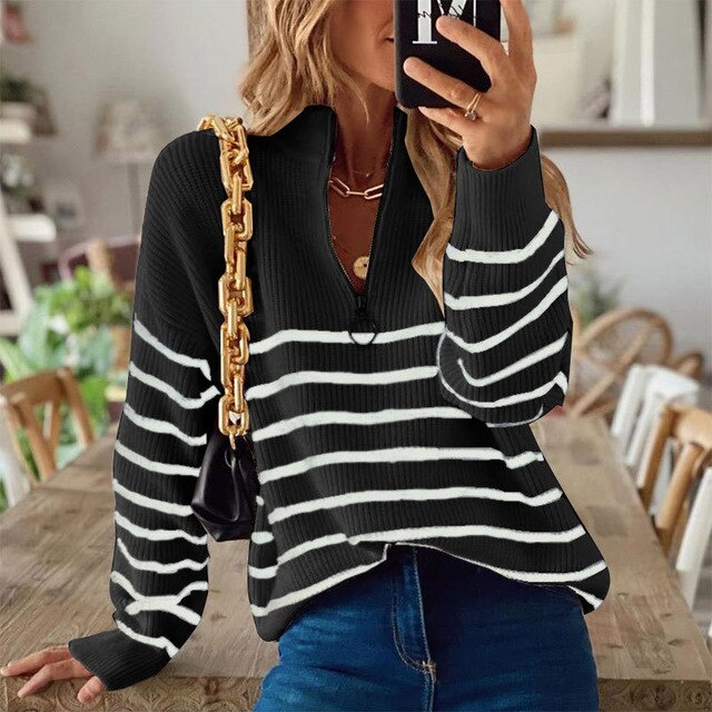 Zipper V-Neck Striped Pattern Autumn Winter Sweater