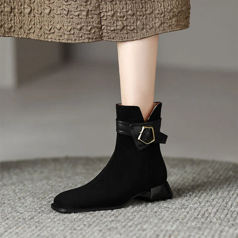 Designer British Style Square Low Heel Faux Suede Boots