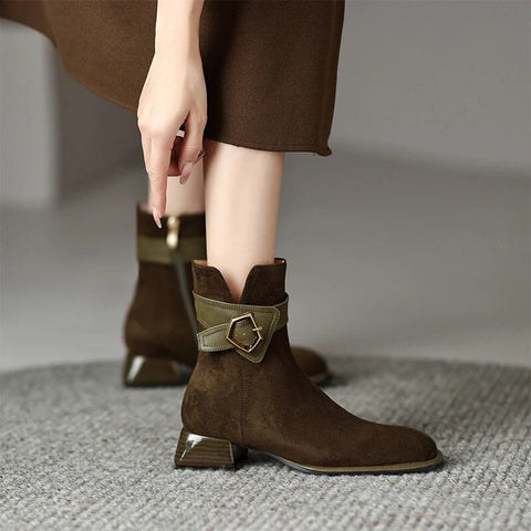 Designer British Style Square Low Heel Faux Suede Boots