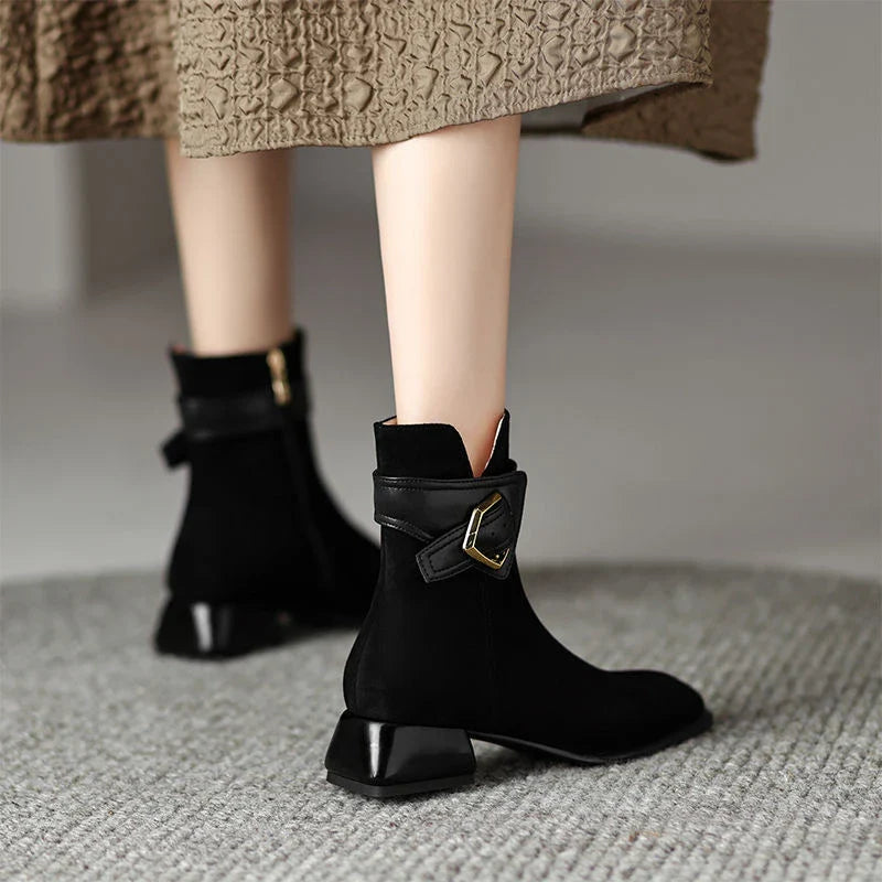 Designer British Style Square Low Heel Faux Suede Boots