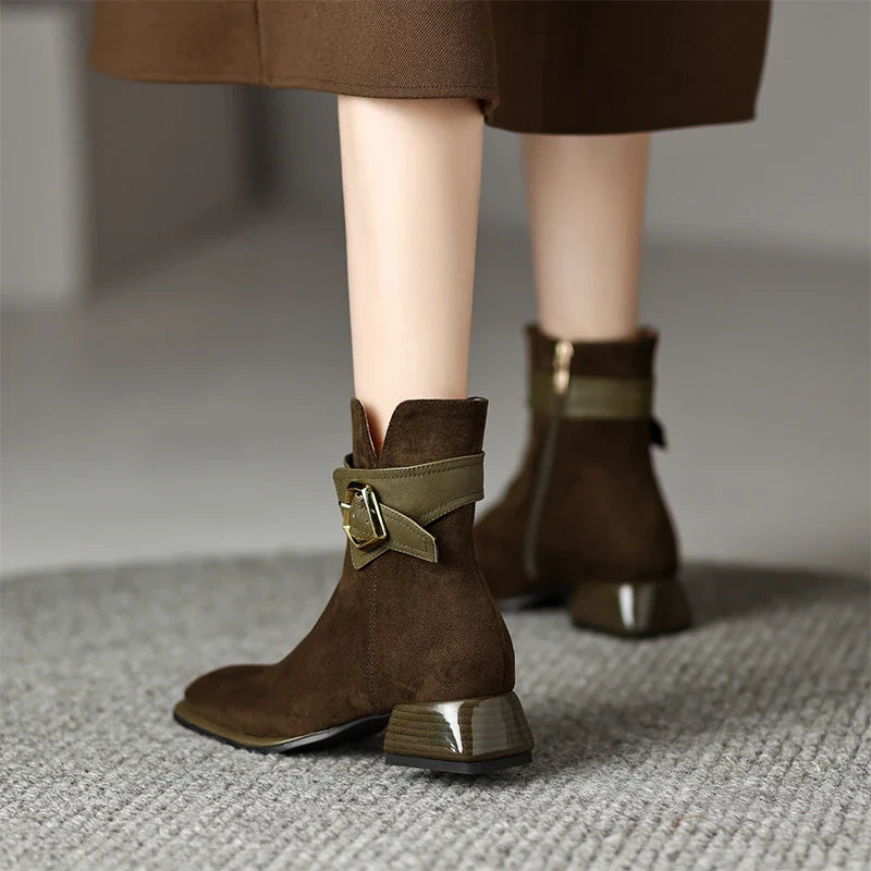 Designer British Style Square Low Heel Faux Suede Boots