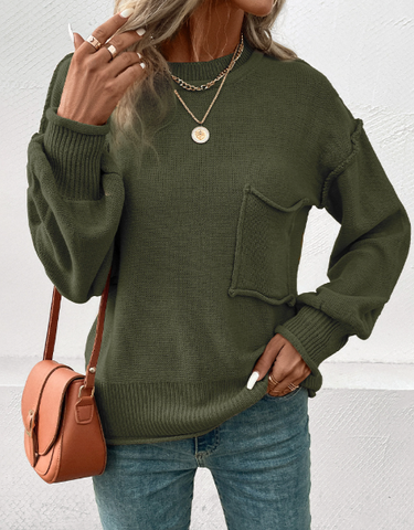 Solide Oberteile mit geteilter Naht und Tasche und Rundhalsausschnitt