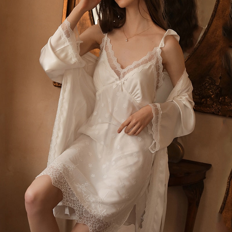 2 Pieces Pajamas Sets Faux Silk Pajamas Sleepwear Sets Embroidery Lace Bath Gown