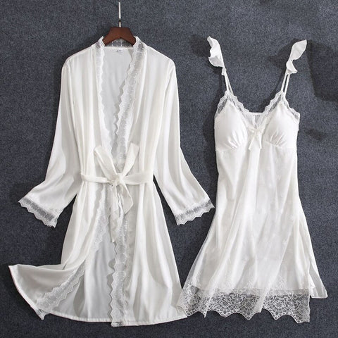 2 Pieces Pajamas Sets Faux Silk Pajamas Sleepwear Sets Embroidery Lace Bath Gown