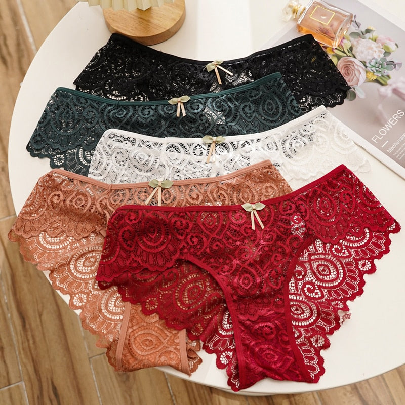 2PCS/Set Panties Lace Underwear Low-Waist Briefs Hollow Out G String Underpant Transparent Female Lingerie