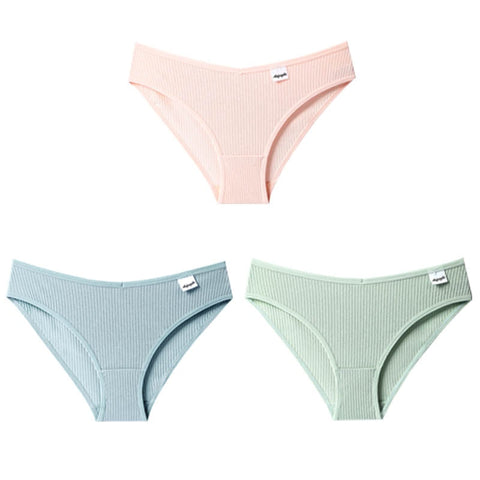 3PCS/Set Panties Striped Underwear Solid Color Briefs Low-Rise Soft Panty Underpants Female Lingerie