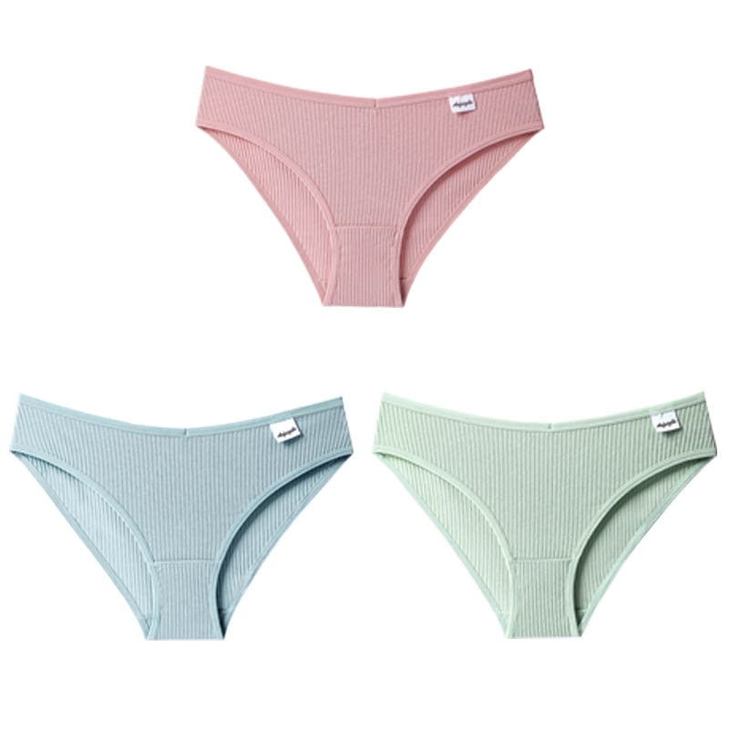 3PCS/Set Panties Striped Underwear Solid Color Briefs Low-Rise Soft Panty Underpants Female Lingerie