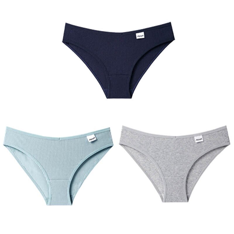 3PCS/Set Panties Striped Underwear Solid Color Briefs Low-Rise Soft Panty Underpants Female Lingerie