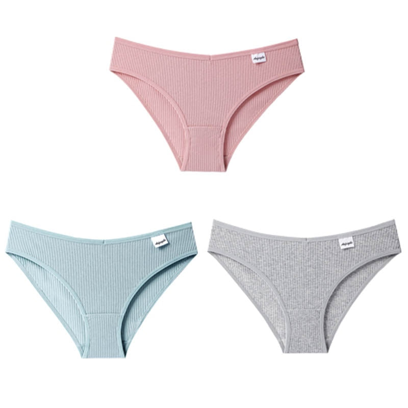 3PCS/Set Panties Striped Underwear Solid Color Briefs Low-Rise Soft Panty Underpants Female Lingerie