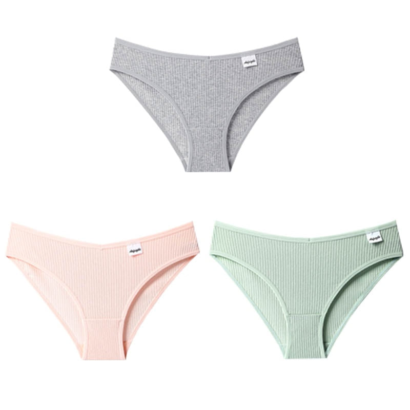 3PCS/Set Panties Striped Underwear Solid Color Briefs Low-Rise Soft Panty Underpants Female Lingerie